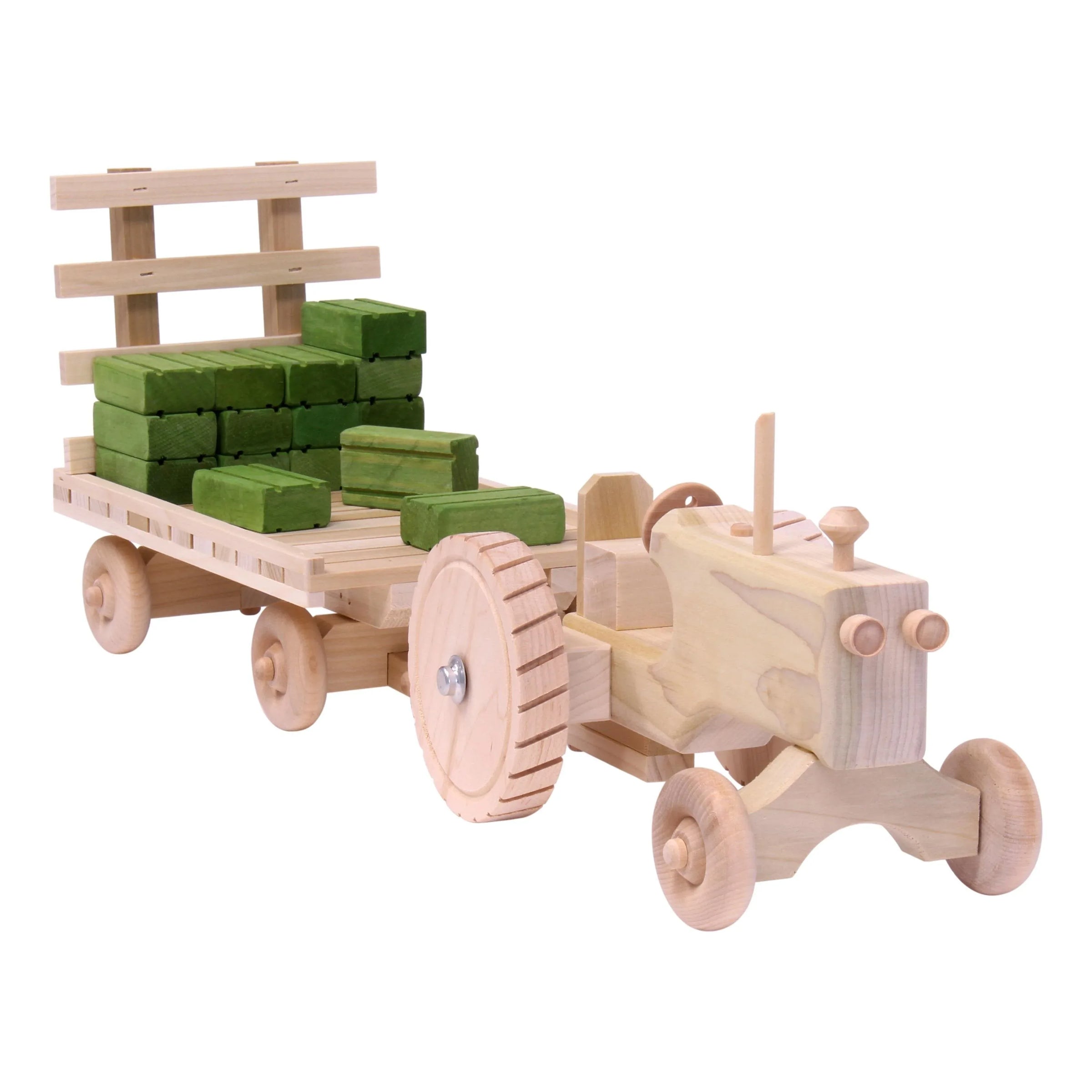 Amish-Made Wooden Toy Tractor & Hay Wagon Set with Hay Bales - BIG FRENCHIES