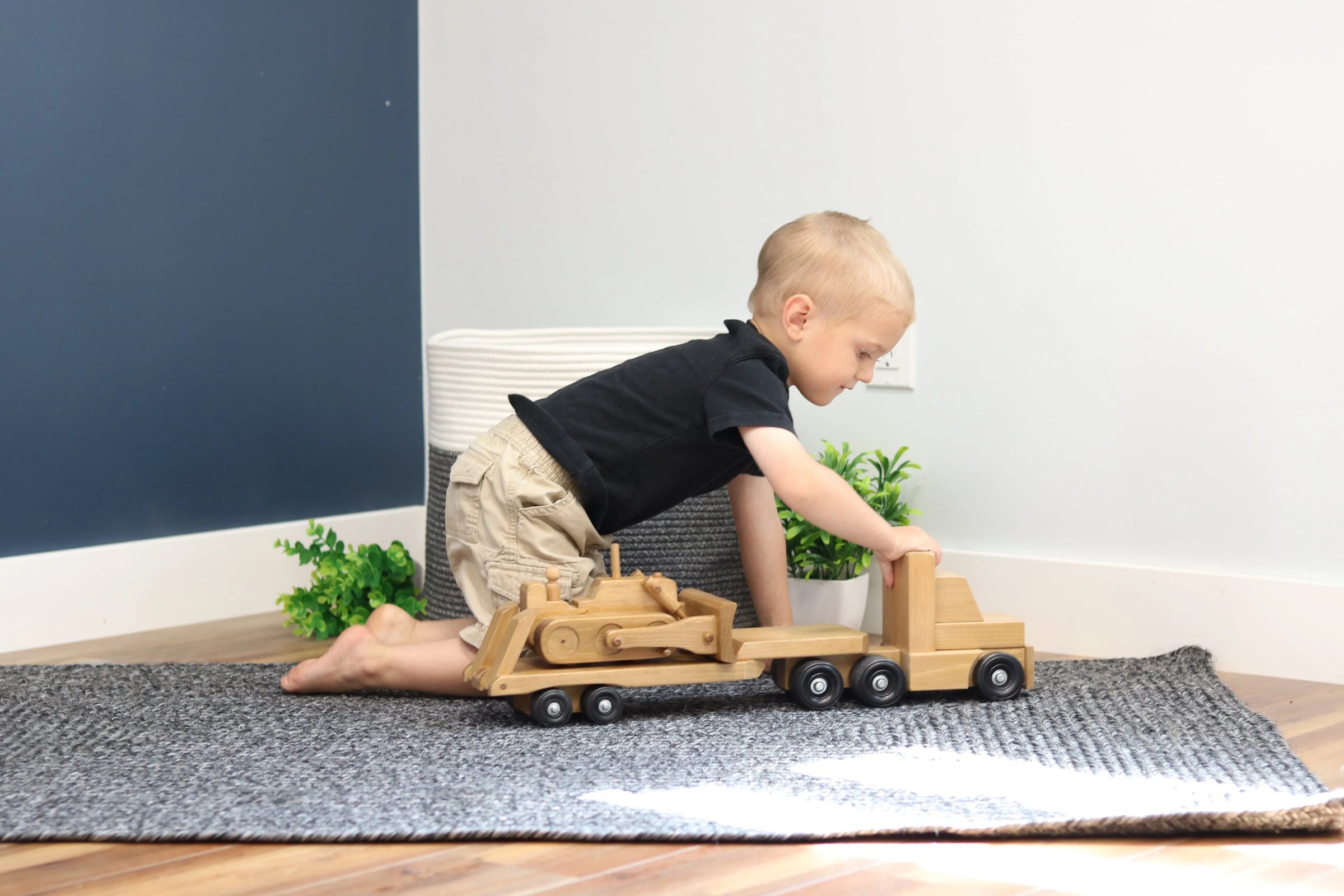 Amish-Made Wooden Toy Truck & Low Boy Flatbed Trailer with Bulldozer Set - BIG FRENCHIES
