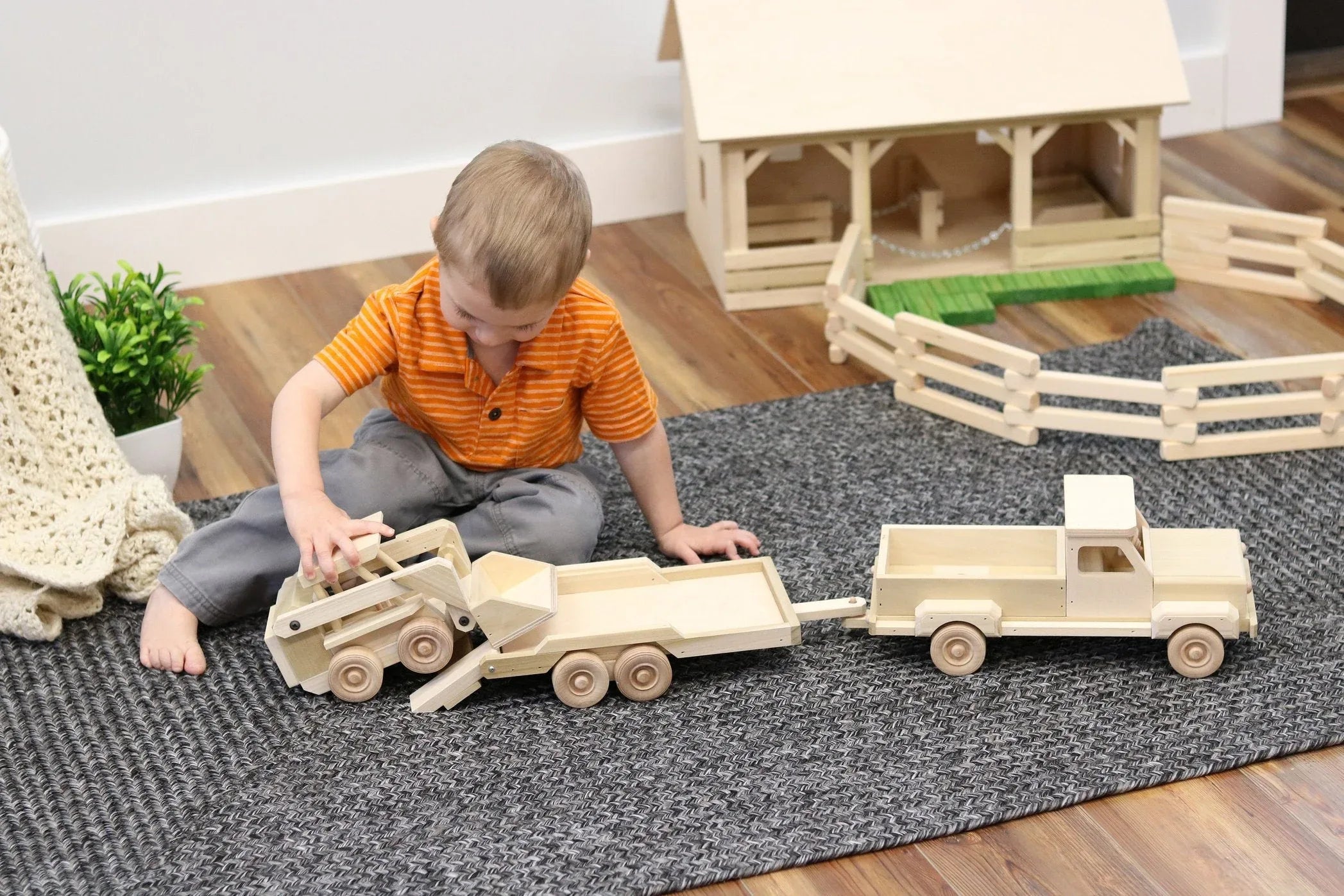 Wooden Toy Pickup Truck and Flatbed Trailer with Skidloader Set - BIG FRENCHIES