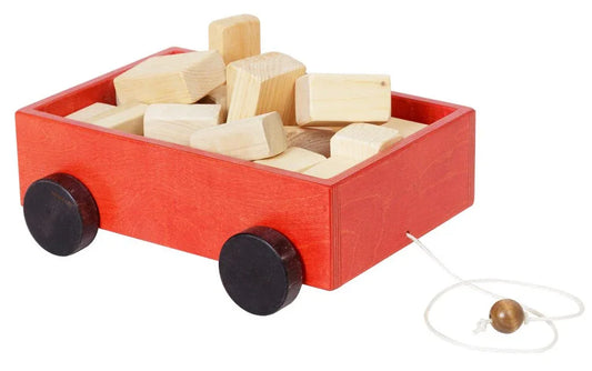Amish-Made Wooden Toddler Pull Wagon Toy with Wood Building Blocks - BIG FRENCHIES