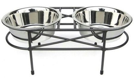 PetsStop Mesh Elevated Double Dog Bowl, Small/White, Oval Raised Diner with Two 1 Qt Steel Bowls