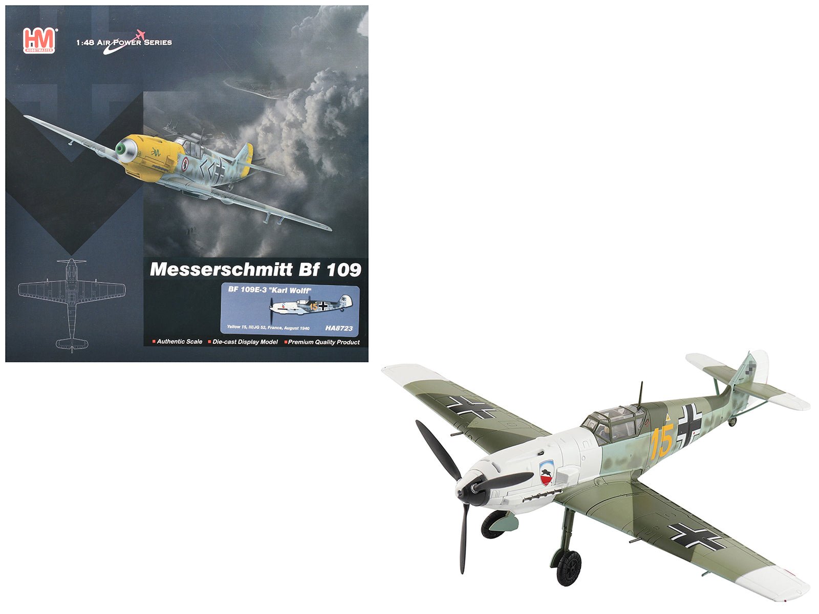 Messerschmitt Bf 109E-3 Fighter Aircraft "Yellow 15 Karl Wolff III/JG 52 France" (1940) German Luftwaffe "Air Power Series" 1/48 Diecast Model by Hobby Master  free shipping USA