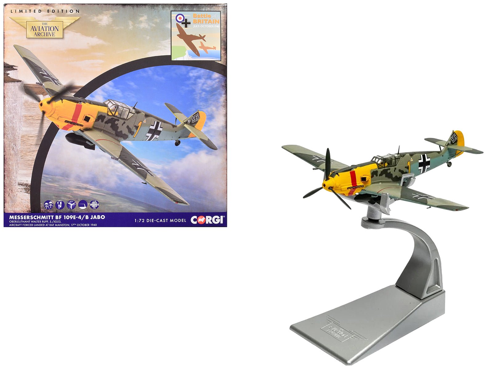 Messerschmitt Bf 109E-4/B Jabo Fighter-Bomber Aircraft "Oberleutnant Walter Rupp 3./JG53 RAF Manston Battle of Britain" (1940) German Luftwaffe "The Aviation Archive" Series 1/72 Diecast Model by Corgi  free shipping USA