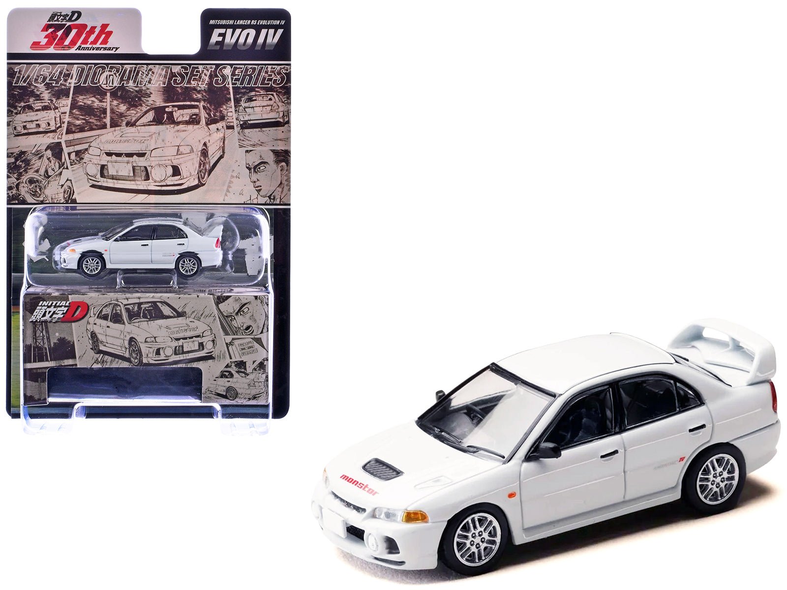 Mitsubishi Lancer RS Evolution IV RHD (Right Hand Drive) "MonStar" White "Initial D" (1995-2013) Manga "Diorama Set Series" 1/64 Diecast Model car by Hobby Japan  free shipping USA