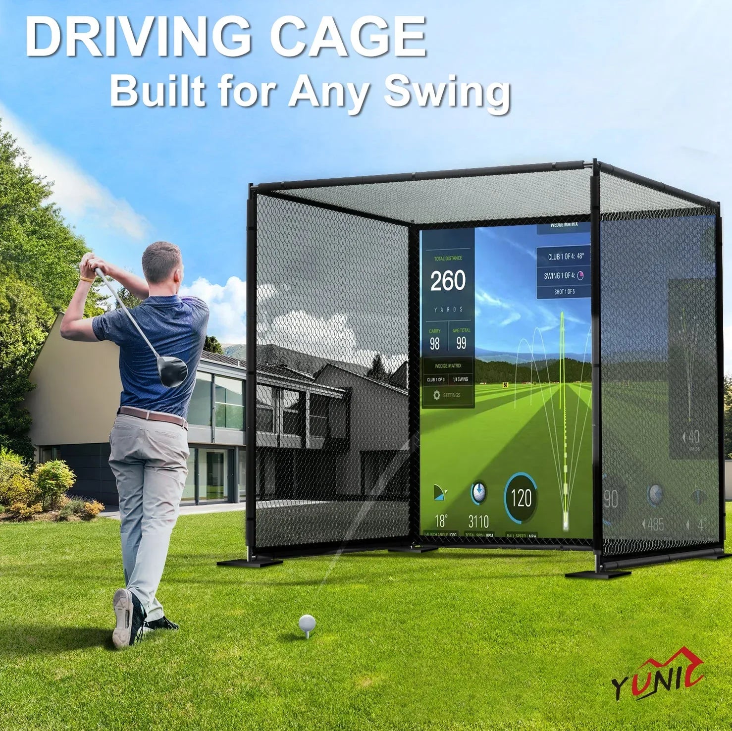YUNIC Golf Driving Cage with Metal Frame and Simulator Impact Screen - BIG FRENCHIES