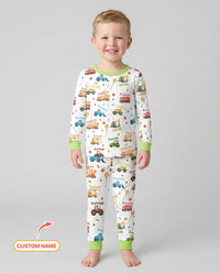 Construction Vehicles Custom Name Bamboo Two Piece Long Sleeve Pajama Set