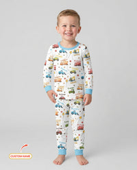 Construction Vehicles Custom Name Bamboo Two Piece Long Sleeve Pajama Set