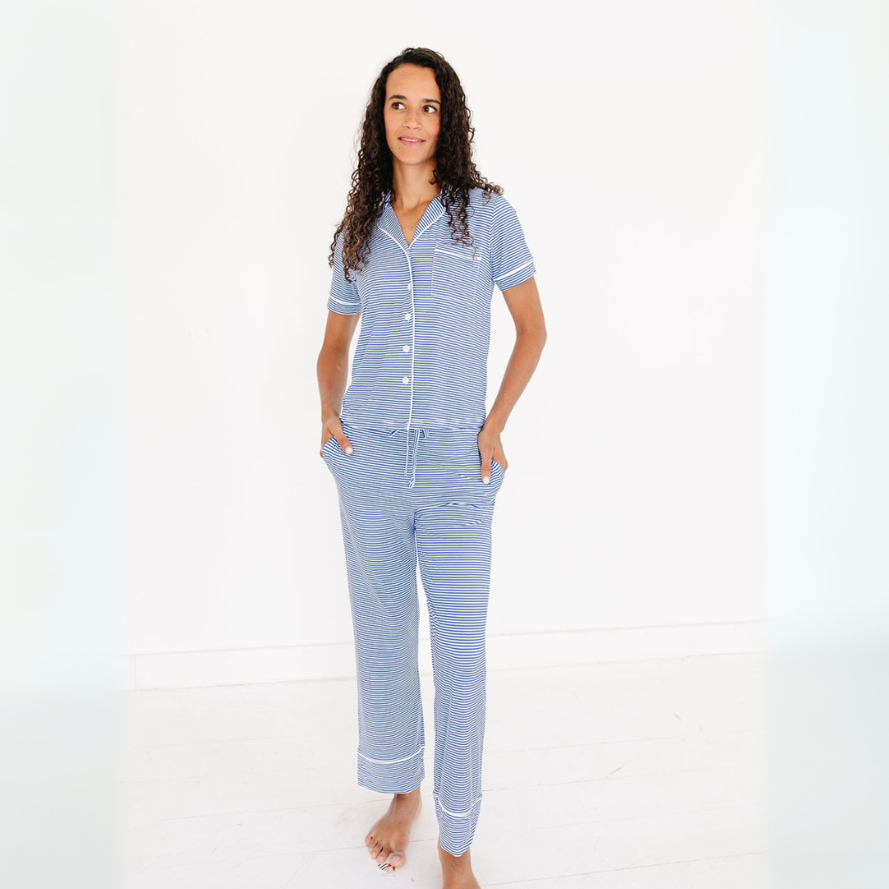 Cobalt Stripe Short Sleeve & Pants Bamboo Women's Pajama Set - BIG FRENCHIES