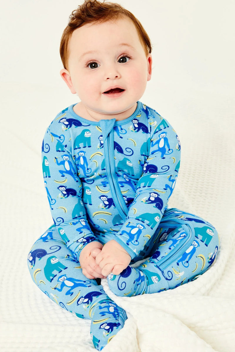 Soft & Stretchy Zipper Footie - Monkeying Around Blue - BIG FRENCHIES