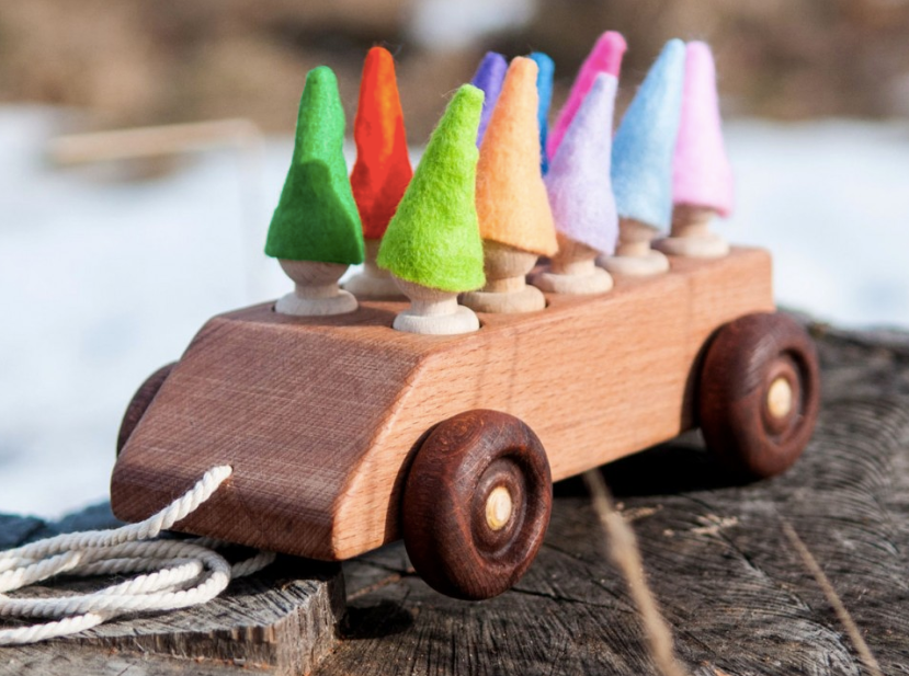 Wooden Toy Car with ten Pegs in Multi-Colored Hats