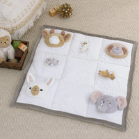 Playful Pals White, Tan, and Gray Four 3D Animals With Crinkle Plush Tummy Time Play Mat - Sloth, Llama, Elephant, and Giraffe - BIG FRENCHIES