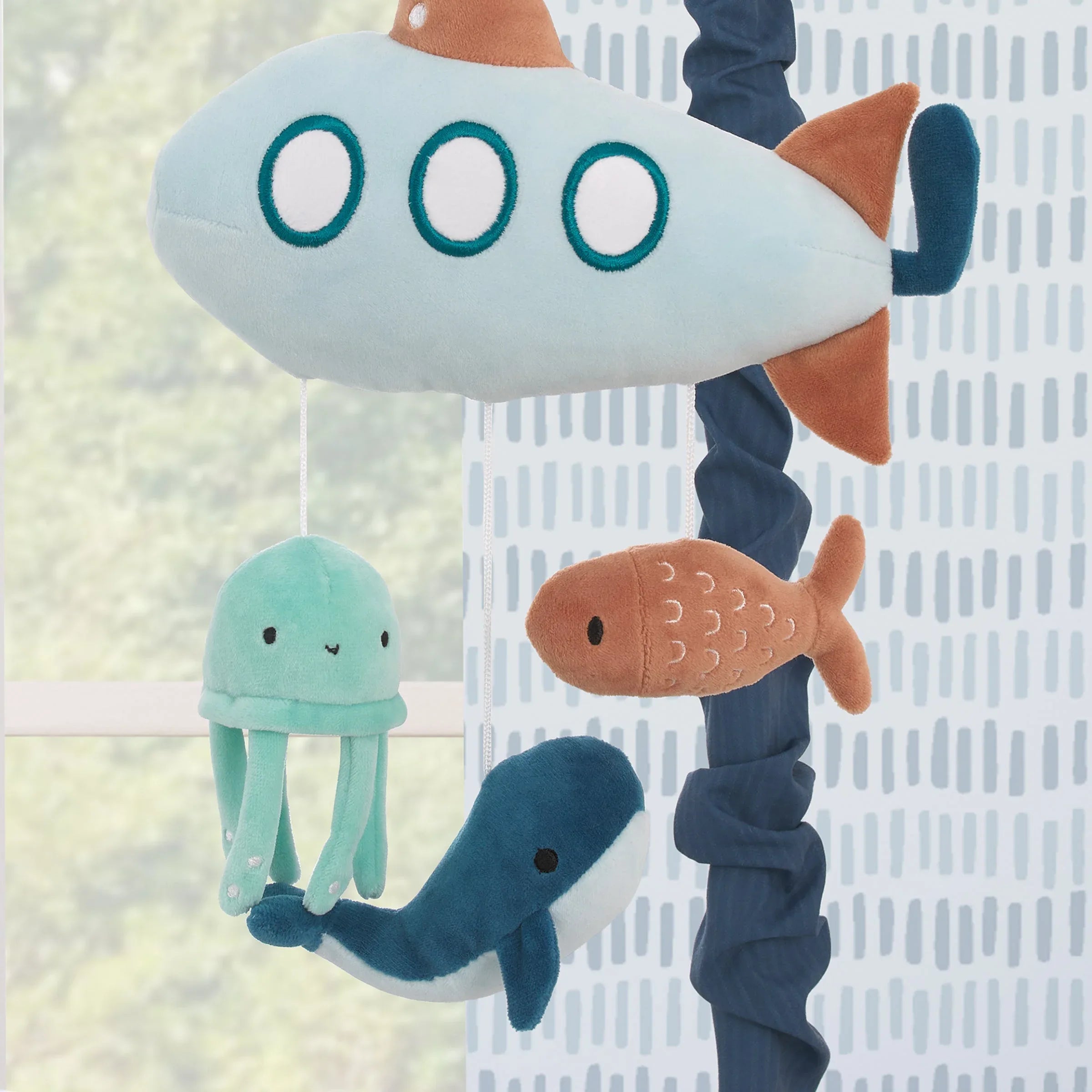 Explore Dream Discover Light Blue, Navy, and Aqua Submarine Plush Musical Mobile - BIG FRENCHIES