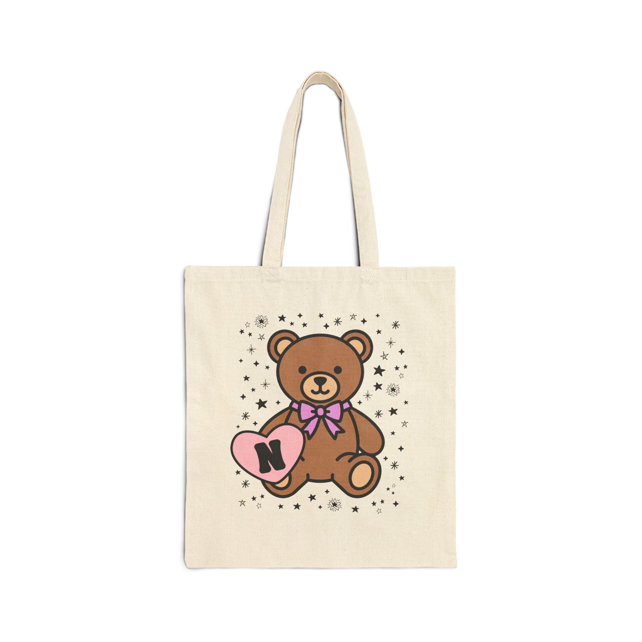 N: Bear Holding a Heart Tote Bag with Initial
