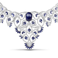 40.93 Carat Genuine Glass Filled Sapphire and White Diamond .925 Sterling Silver Necklace