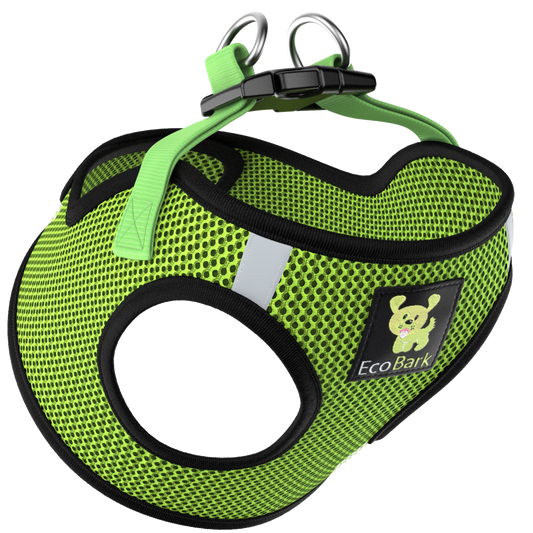 EcoBark Neon Green Step In Dog Harness - Rapid Fastener Reflective Soft Mesh Vest Halter for XXXS to Small Dogs and Puppies - BIG FRENCHIES