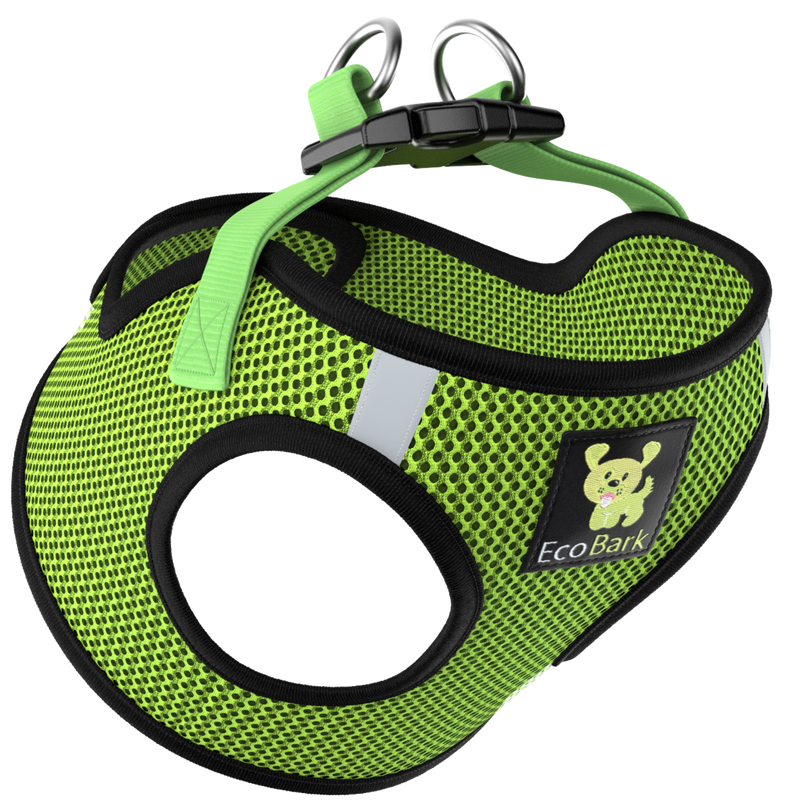 EcoBark Neon Green Step In Dog Harness - Rapid Fastener Reflective Soft Mesh Vest Halter for XXXS to Small Dogs and Puppies - BIG FRENCHIES