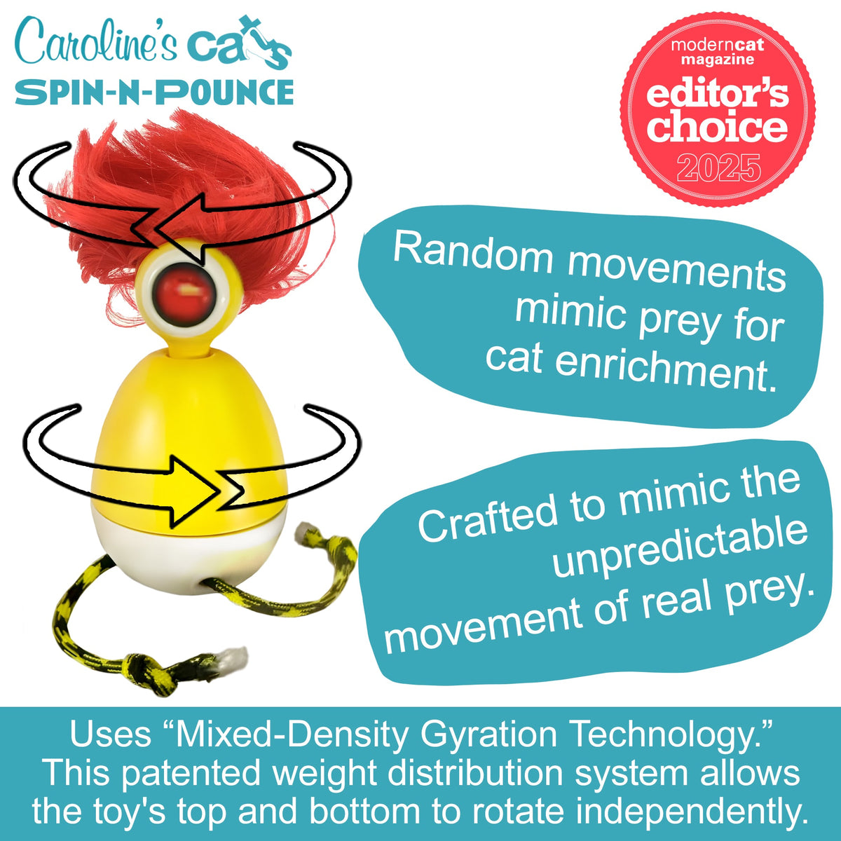 Caroline's Cats Spin-N-Pounce Rechargeable Automatic Interactive Indoor Dancing Cat Toy; Touch Sensor & Auto Shut Off, 360° Rotation, Silent Motor, LED Light, Simulates Prey for Hunting & Exercise-Pet Toys-BIG FRENCHIES-Caroline's Cats