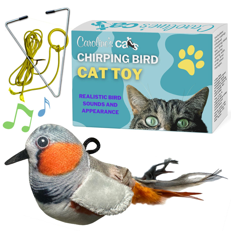 Caroline's Cats Plush Chirping Bird Cat Toy on Elastic String with Doorway Hanger - No Flimsy Suction Cups; Real Electronic Avian Sounds-Pet Toys-BIG FRENCHIES-Caroline's Cats