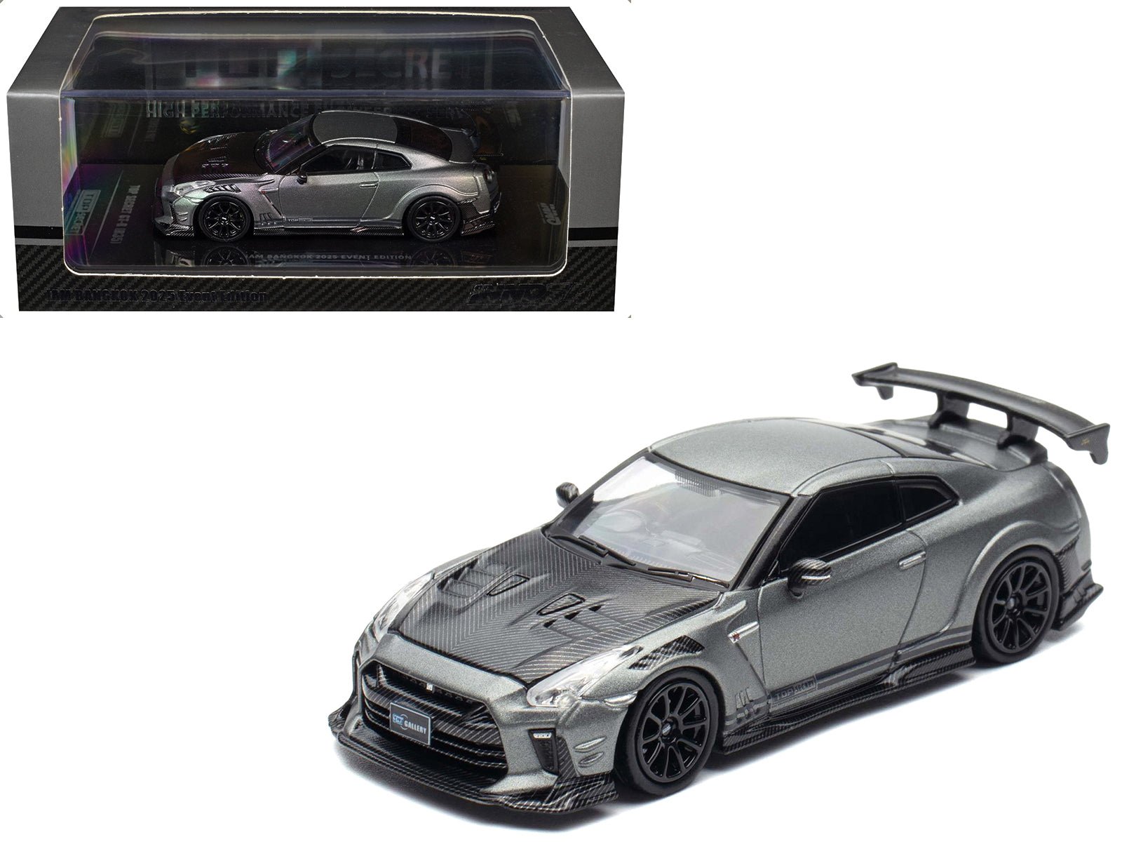 Nissan GT-R (R35) "Top Secret" RHD (Right Hand Drive) Gray Metallic with Carbon Hood "IAM Bangkok 2025 Event Edition" 1/64 Diecast Model Car by Inno Models  free shipping USA