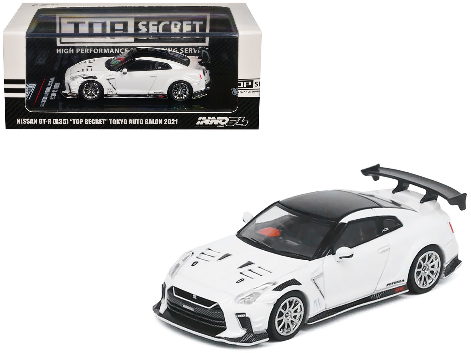 Nissan GT-R (R35) "Top Secret" RHD (Right Hand Drive) White with Black Top "Tokyo Auto Salon 2021" 1/64 Diecast Model Car by Inno Models  free shipping USA