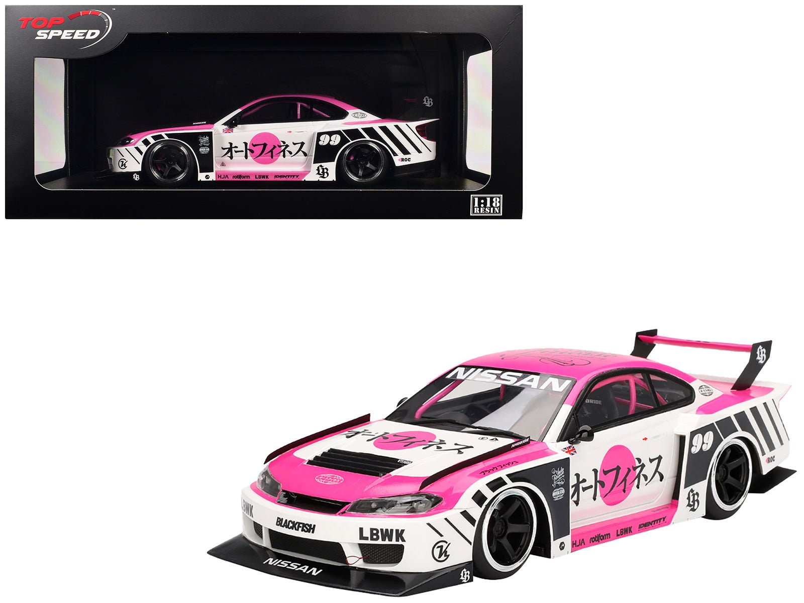 Nissan "LB-Super Silhouette" S15 SILVIA RHD (Right Hand Drive) #99 "Auto Finesse - SEMA 2023" White and Pink 1/18 Model Car by Top Speed  free shipping USA