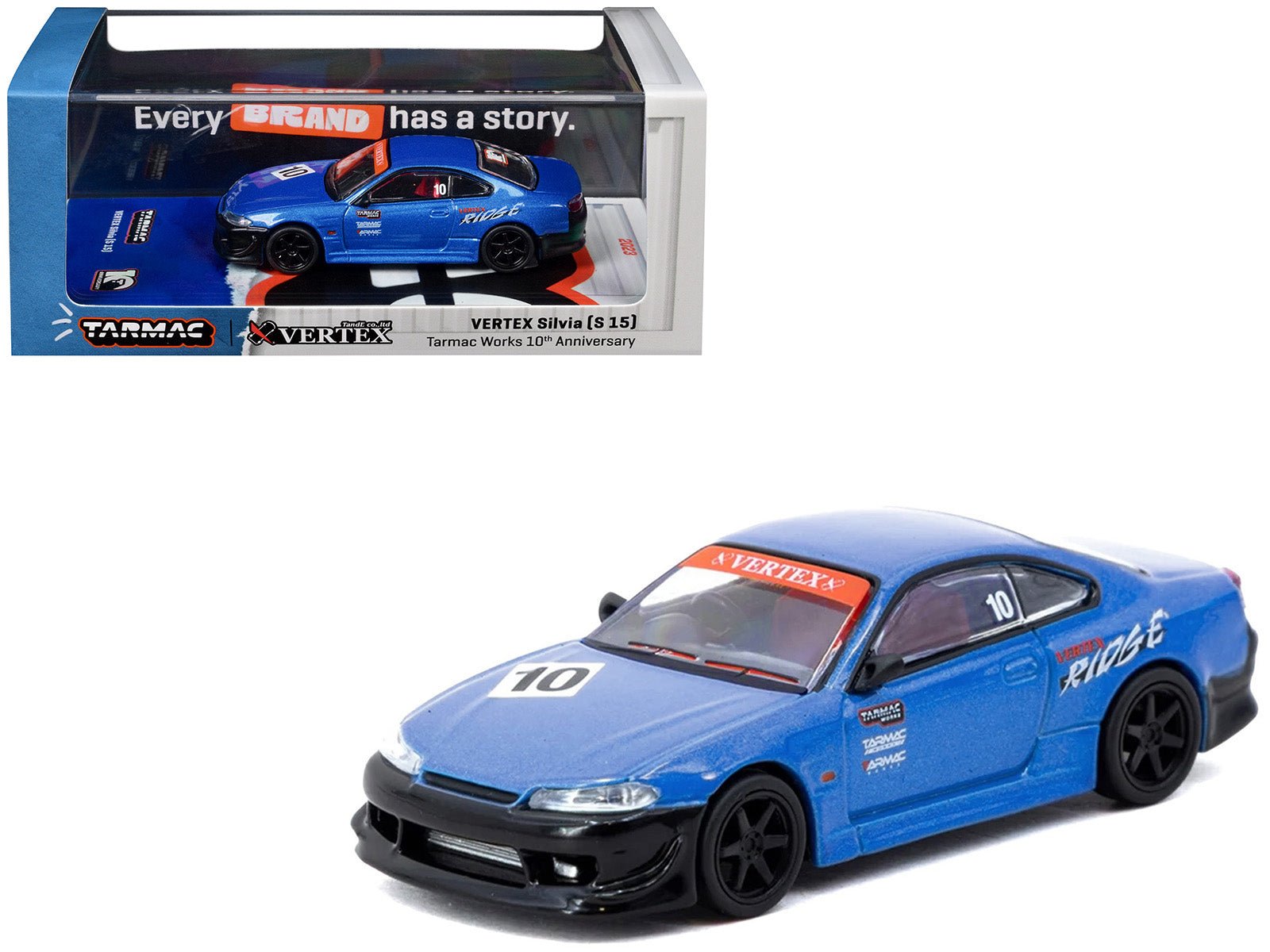 Nissan Vertex Silvia (S15) RHD (Right Hand Drive) #10 "Tarmac Works 10th Anniversary" Blue Metallic "Global64" 1/64 Diecast Model Car by Tarmac Works  free shipping USA