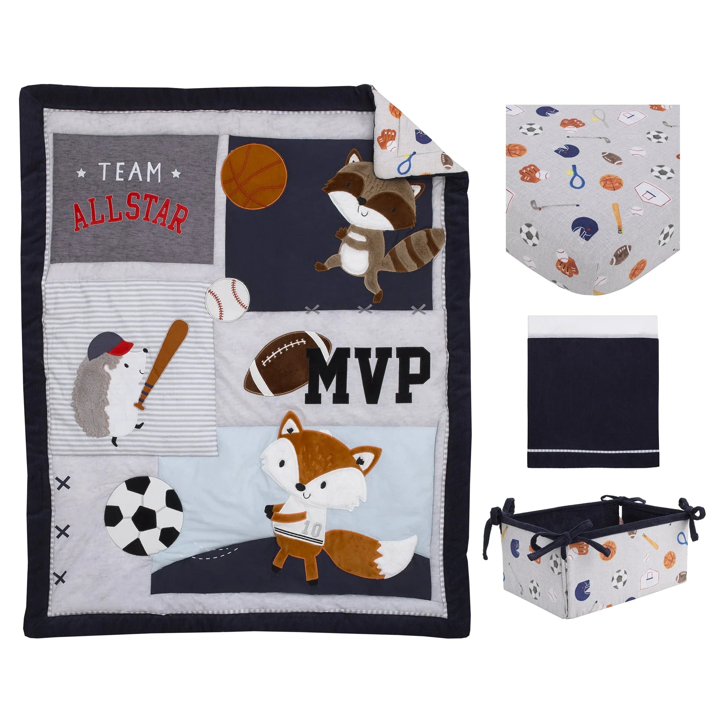 NoJo Team All Star Navy, Grey, and Light Blue, Football, Baseball, Soccer and Basketball, Fox, Raccoon and Hedgehog 4 Piece Nursery Crib Bedding Set - Comforter, 100% Cotton Fitted Crib Sheet, Crib Skirt and Storage Tote - BIG FRENCHIES