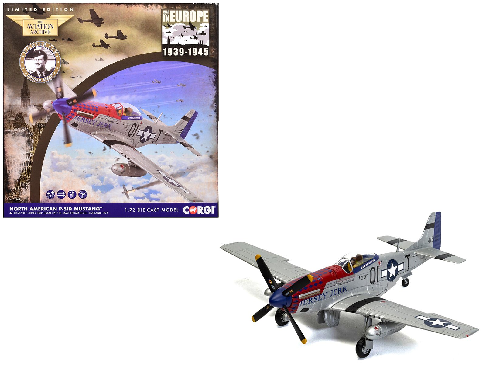 North American P-51D Mustang Aircraft "Jersey Jerk 361st Fighter Squadron Martlesham Heath" United States Army Air Forces "The Aviation Archive" Series 1/72 Diecast Model by Corgi  free shipping USA