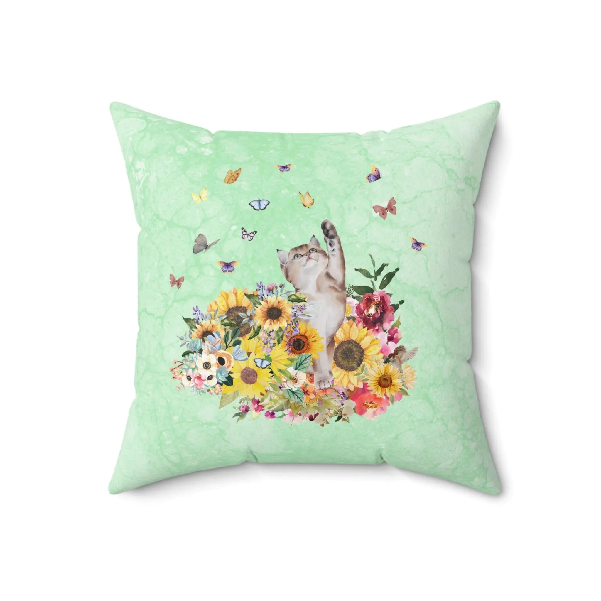 Nostalgic Cat Pillow for Fall: Watercolor Kitten, Boho Butterflies and Sunflowers - BIG FRENCHIES