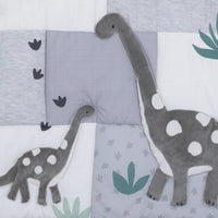 Baby-Saurus Gray, White, and Green Triceratops, Brontosaurus, and Tyrannosaurus Dinosaurs with Mountains and Leaves 4 Piece Nursery Crib Bedding Set - Comforter, 100% Cotton Fitted Crib Sheet, Crib Skirt, and Storage - BIG FRENCHIES