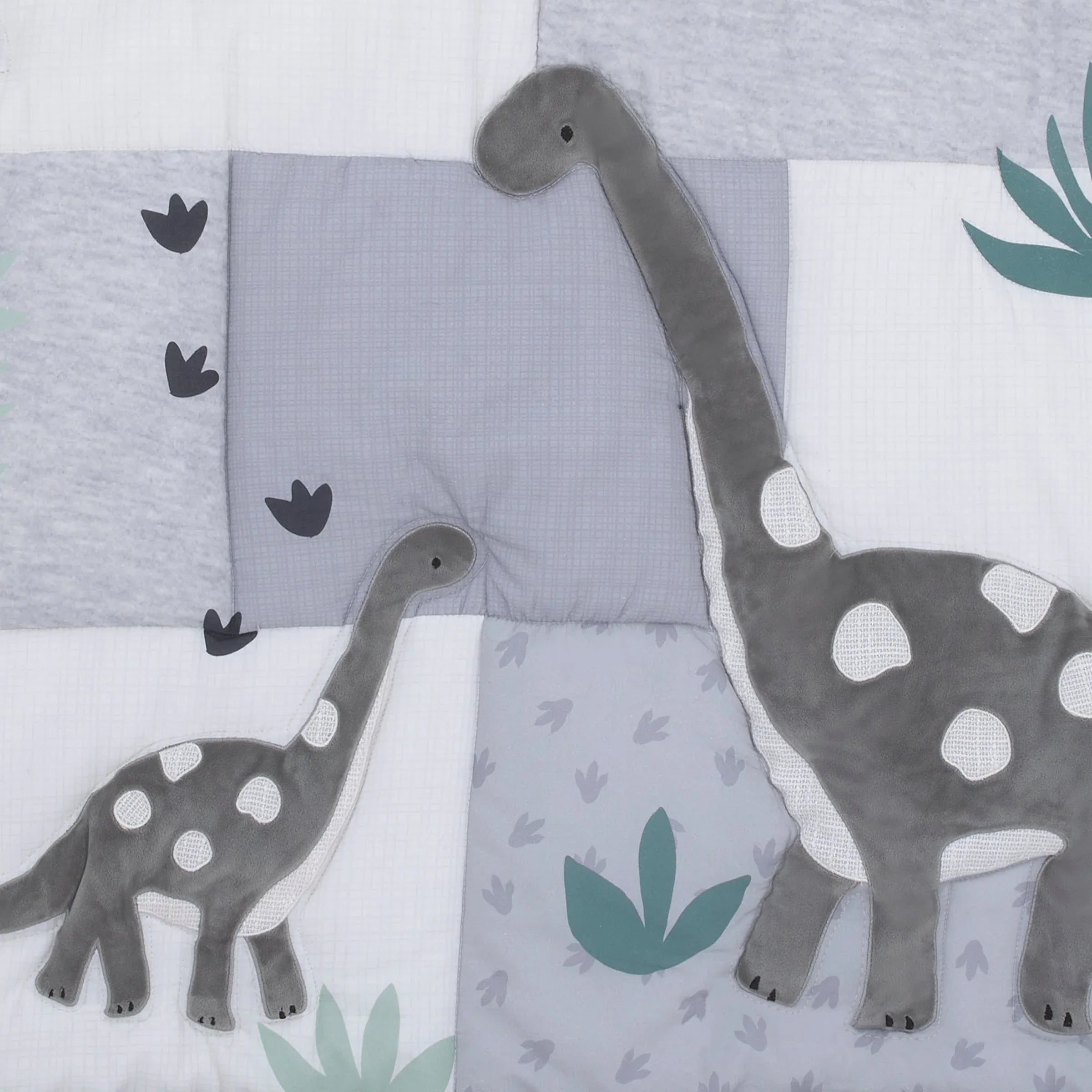 Baby-Saurus Gray, White, and Green Triceratops, Brontosaurus, and Tyrannosaurus Dinosaurs with Mountains and Leaves 4 Piece Nursery Crib Bedding Set - Comforter, 100% Cotton Fitted Crib Sheet, Crib Skirt, and Storage - BIG FRENCHIES
