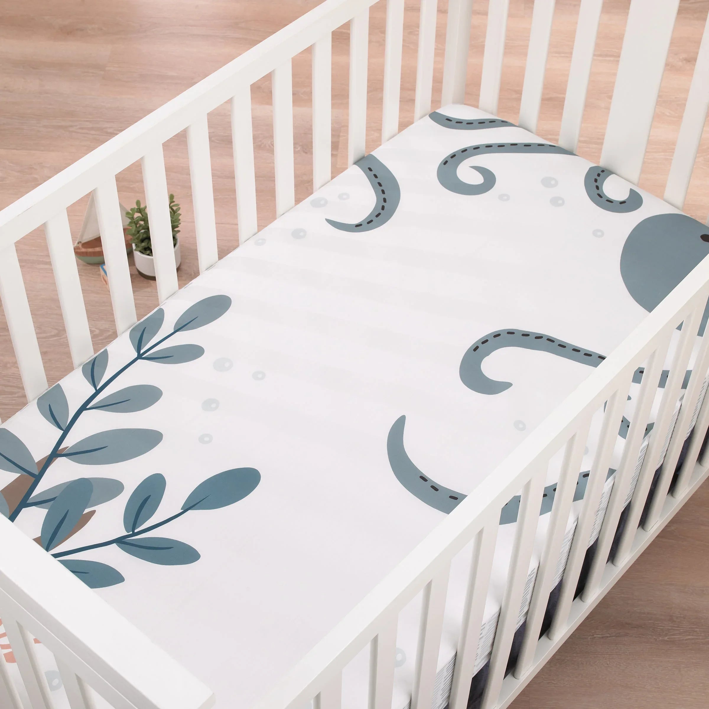 Explore Dream Discover Light Blue, Navy, and White Octopus 100% Cotton Nursery Photo Op Fitted Crib Sheet - BIG FRENCHIES