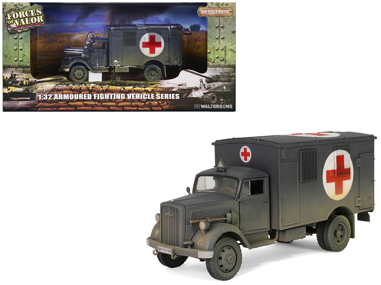 Opel-Blitz Kfz.305 Ambulance Gray (Weathered) "German Army" "Armoured Fighting Vehicle" Series 1/32 Diecast Model by Forces of Valor  free shipping USA