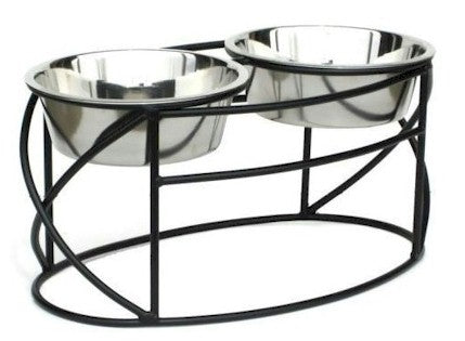 PetsStop Oval Cross Double Raised Dog Feeder, Small, White – 5-Inch Wrought Iron Stand with 1-Quart Bowls