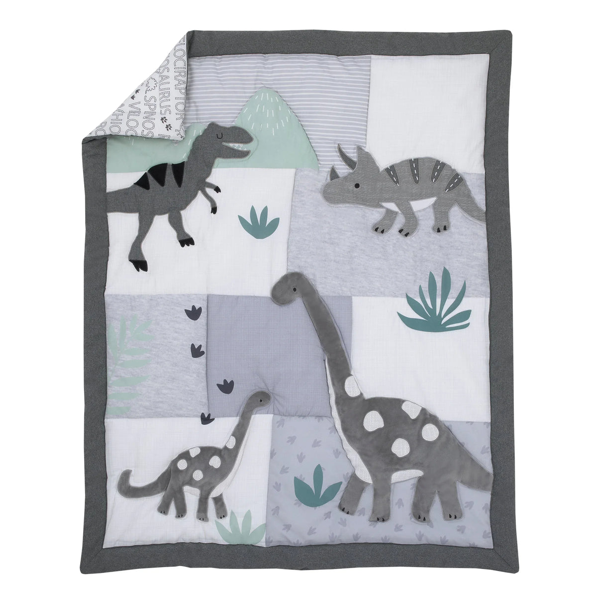 Baby-Saurus Gray, White, and Green Triceratops, Brontosaurus, and Tyrannosaurus Dinosaurs with Mountains and Leaves 4 Piece Nursery Crib Bedding Set - Comforter, 100% Cotton Fitted Crib Sheet, Crib Skirt, and Storage - BIG FRENCHIES