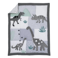Baby-Saurus Gray, White, and Green Triceratops, Brontosaurus, and Tyrannosaurus Dinosaurs with Mountains and Leaves 4 Piece Nursery Crib Bedding Set - Comforter, 100% Cotton Fitted Crib Sheet, Crib Skirt, and Storage - BIG FRENCHIES