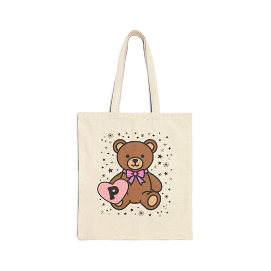 P: Bear Holding a Heart Tote Bag with Initial - BIG FRENCHIES
