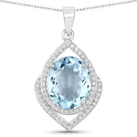 3.82 Carat Genuine Aquamarine and White Diamond 14K White Gold Pendant