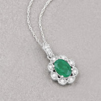 0.79 Carat Genuine Zambian Emerald and White Diamond 10K White Gold Pendant