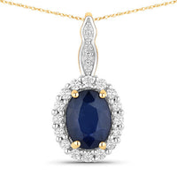 1.79 Carat Genuine Blue Sapphire and White Diamond 14K Yellow Gold Pendant