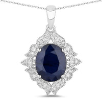 6.44 Carat Genuine Blue Sapphire and White Diamond 14K White Gold Pendant