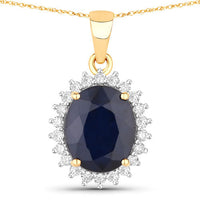 4.63 Carat Genuine Blue Sapphire and White Diamond 14K Yellow Gold Pendant