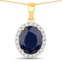 4.63 Carat Genuine Blue Sapphire and White Diamond 14K Yellow Gold Pendant
