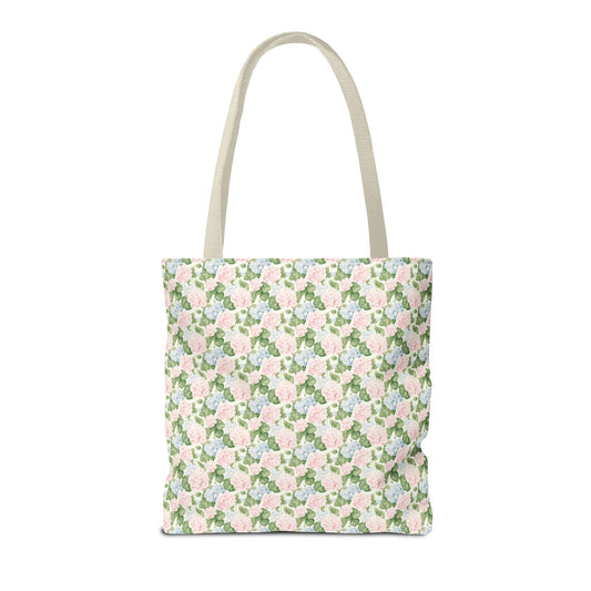 Peppy Initial Tote Bag with Initial and Cute Bow, Boho Hydrangea Flowers: B