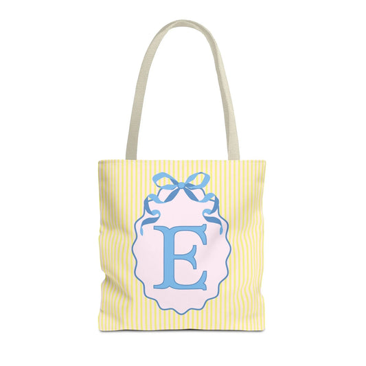Peppy Initial Tote Bag with Initial and Cute Bow, Boho Hydrangea Flowers: E - BIG FRENCHIES