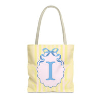 Peppy Initial Tote Bag with Initial and Cute Bow, Boho Hydrangea Flowers: I - BIG FRENCHIES