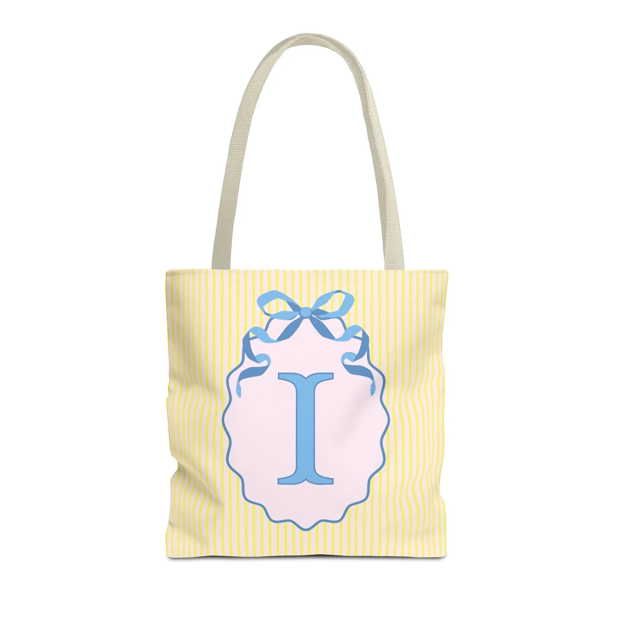 Peppy Initial Tote Bag with Initial and Cute Bow, Boho Hydrangea Flowers: I - BIG FRENCHIES