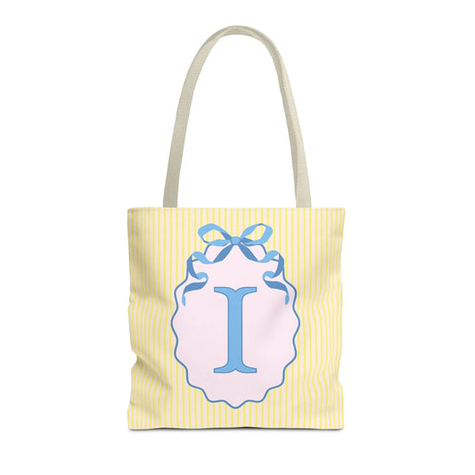 Peppy Initial Tote Bag with Initial and Cute Bow, Boho Hydrangea Flowers: I - BIG FRENCHIES