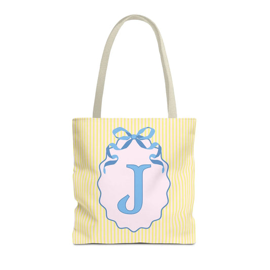 Peppy Initial Tote Bag with Initial and Cute Bow, Boho Hydrangea Flowers: J - BIG FRENCHIES