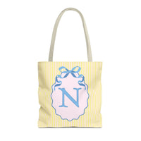 Peppy Initial Tote Bag with Initial and Cute Bow, Boho Hydrangea Flowers: N - BIG FRENCHIES
